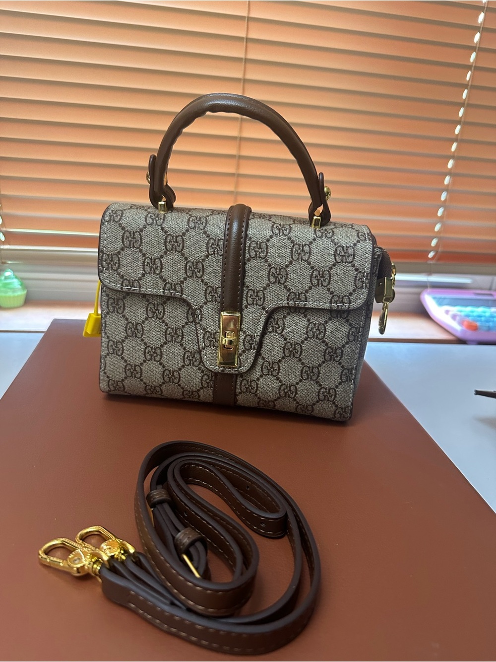 Designer-Style Brown Canvas Top-Handle Bag with GG Pattern
